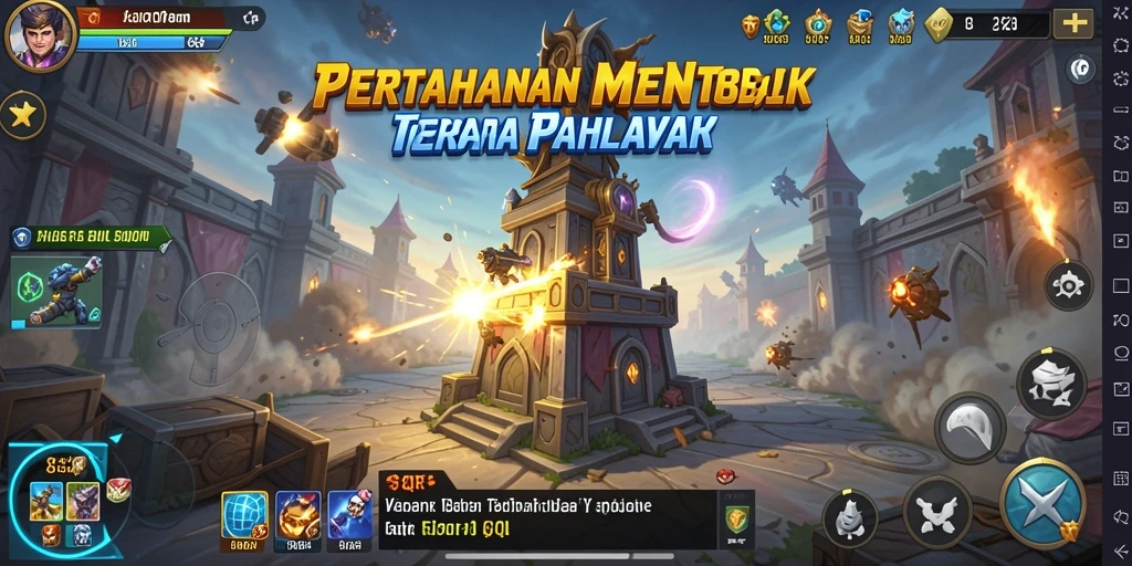 Screenshot gameplay 8QR menunjukkan aksi menara mempertahankan dari gelombang musuh.
