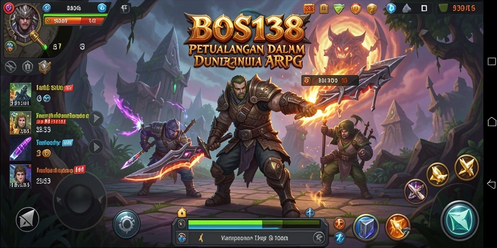 Screenshot utama BOS138 menampilkan aksi pertempuran karakter dalam dunia ARPG yang epik.