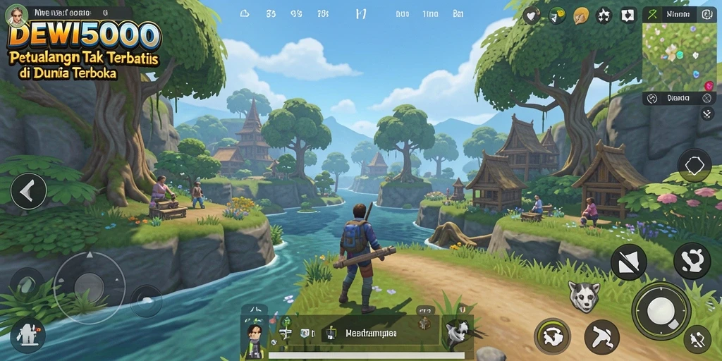 Tampilan gameplay DEWI5000 dalam dunia terbuka yang luas.