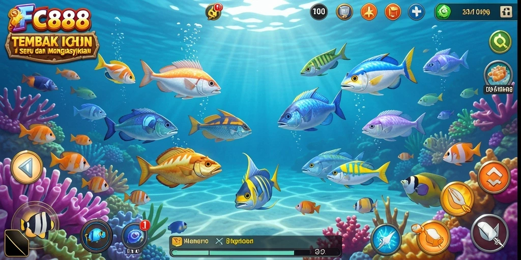 Tampilan live gameplay FC888 dengan efek menembak ikan.