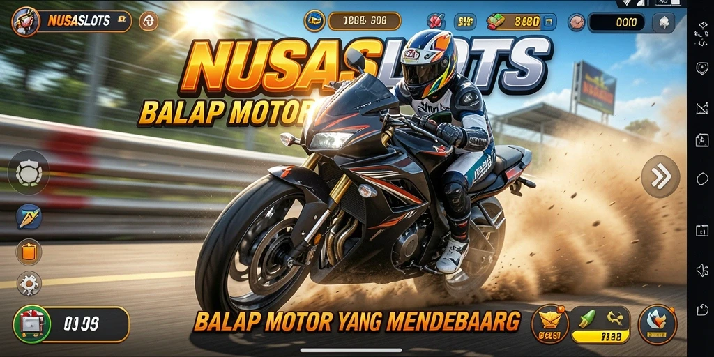 Tampilan gameplay seru NUSASLOTS dengan balapan motor yang mendebarkan.