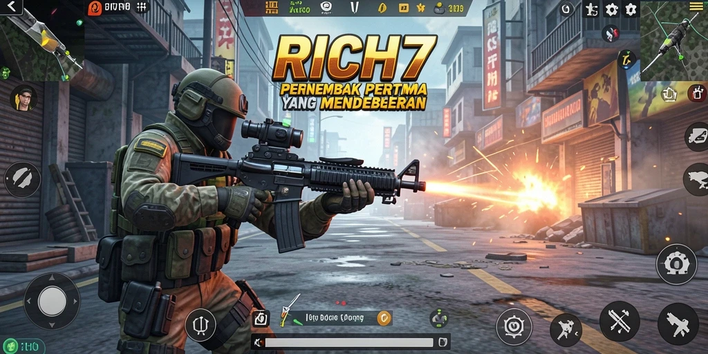 Tangkapan layar menarik dari aksi gameplay RICH7 dalam pertempuran FPS.